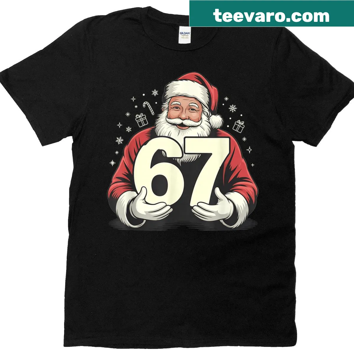 Funny Christmas t-shirt featuring a meme about 6 and 7 with Santa Claus. — on a men's t-shirt