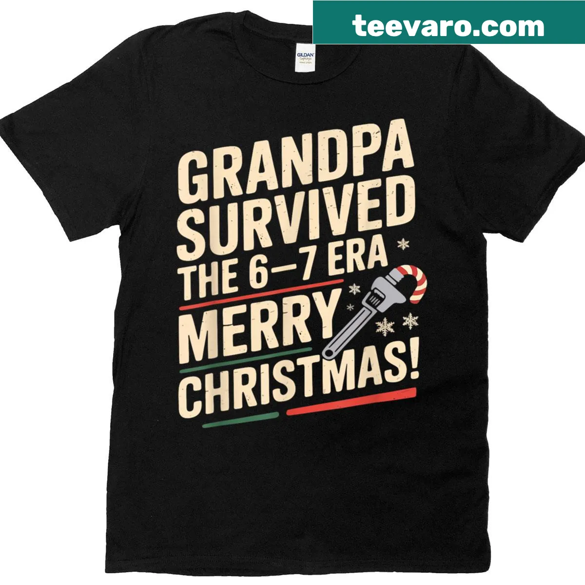 Vintage-style Merry Christmas t-shirt with 'Survived the 6-7 Era' text. — on a men's t-shirt