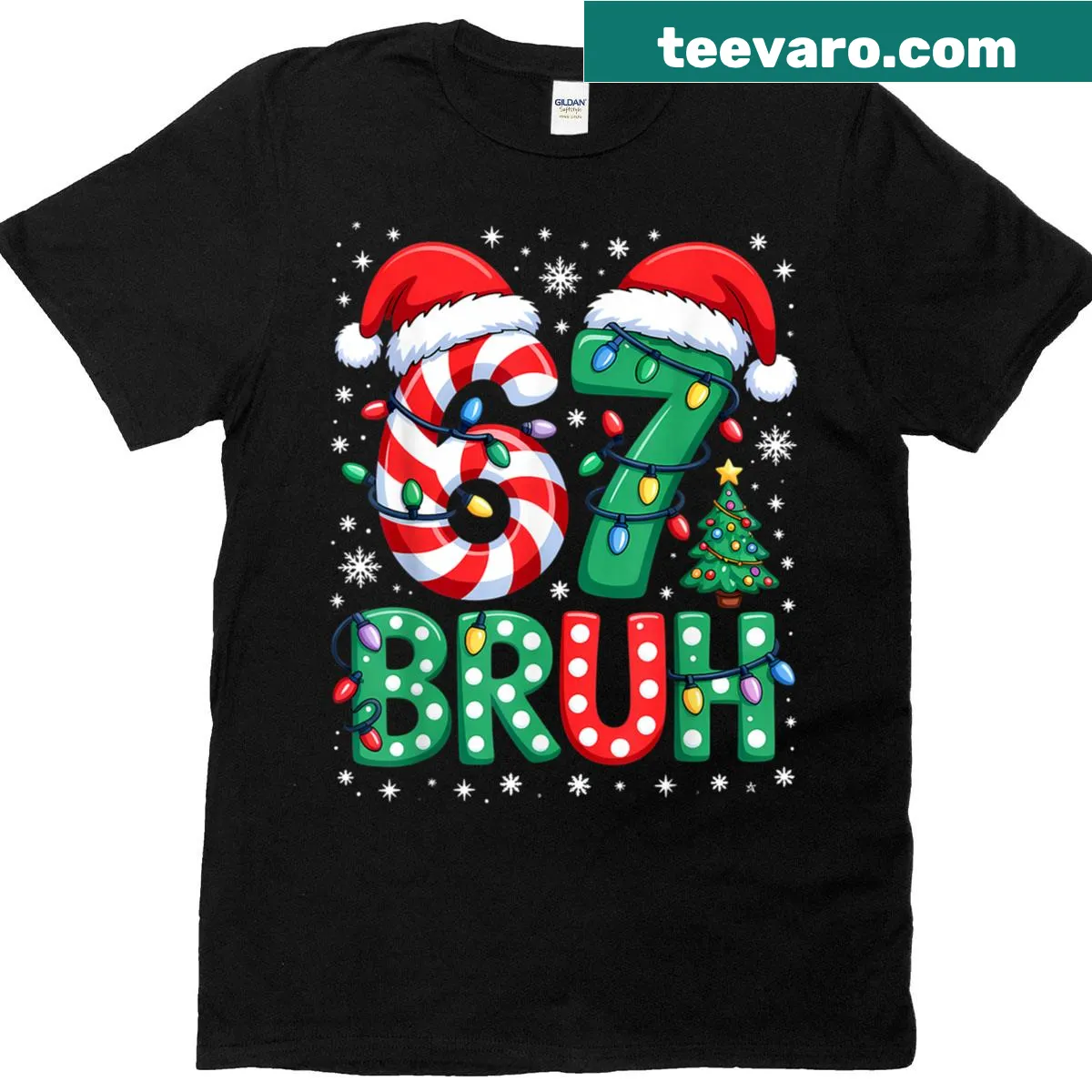 Funny Christmas T-shirt with '67 Six Seven Burh' meme design — on a men's t-shirt