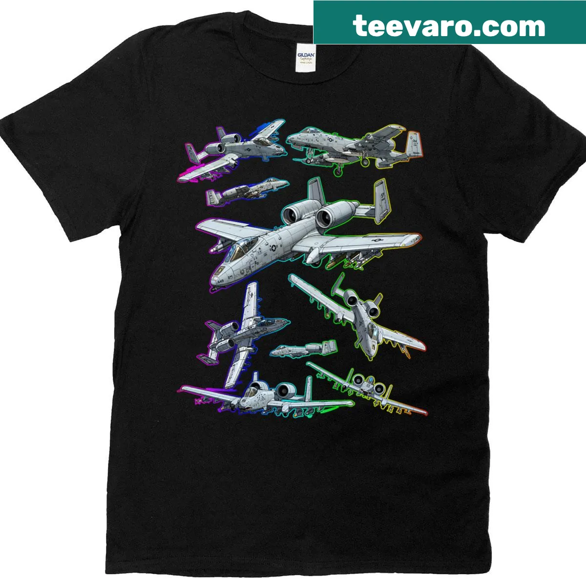 Graphic T-shirt featuring the A-10 Warthog jet illustration — on a men's t-shirt