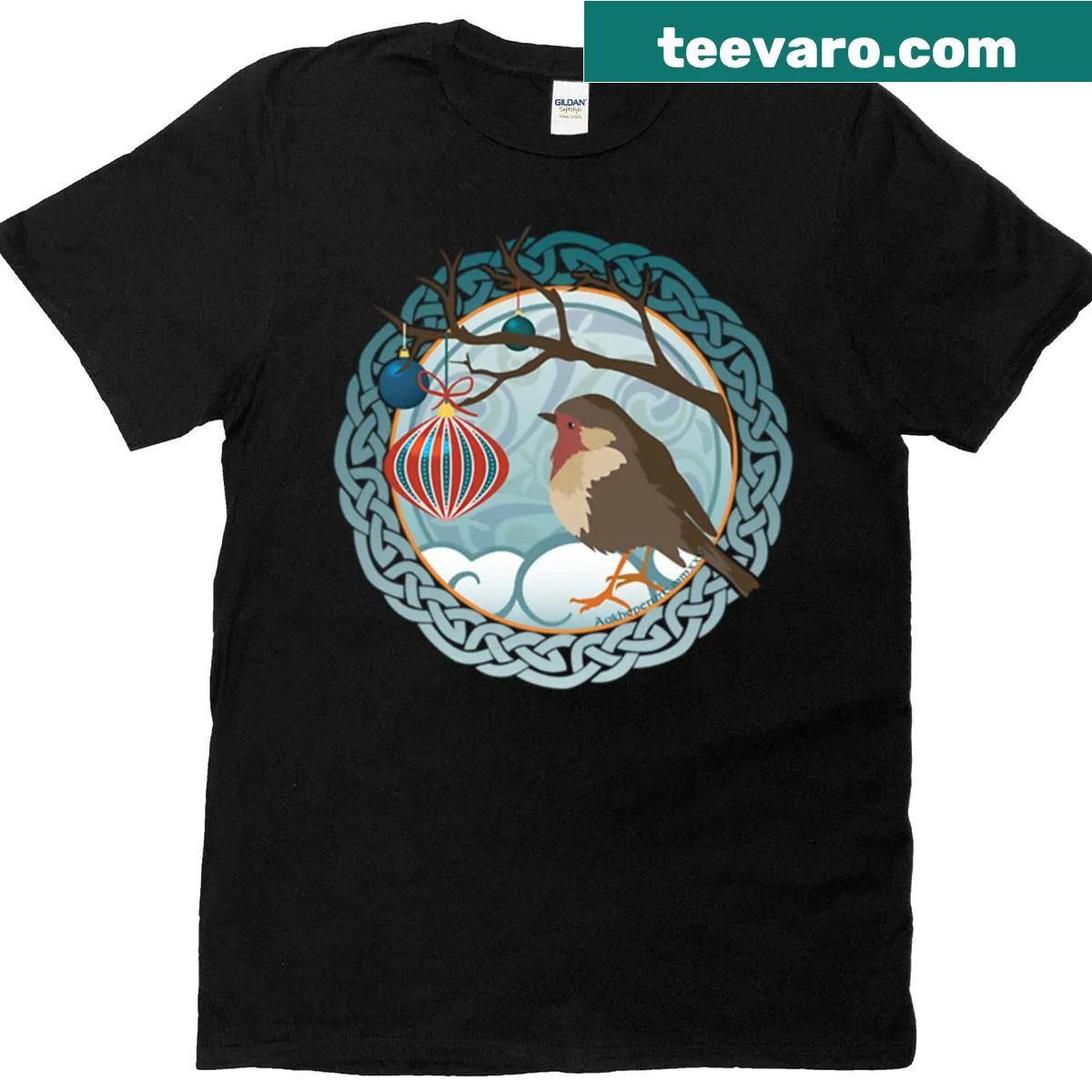 Celtic-themed T-shirt with a robin design for Christmas — on a men's t-shirt