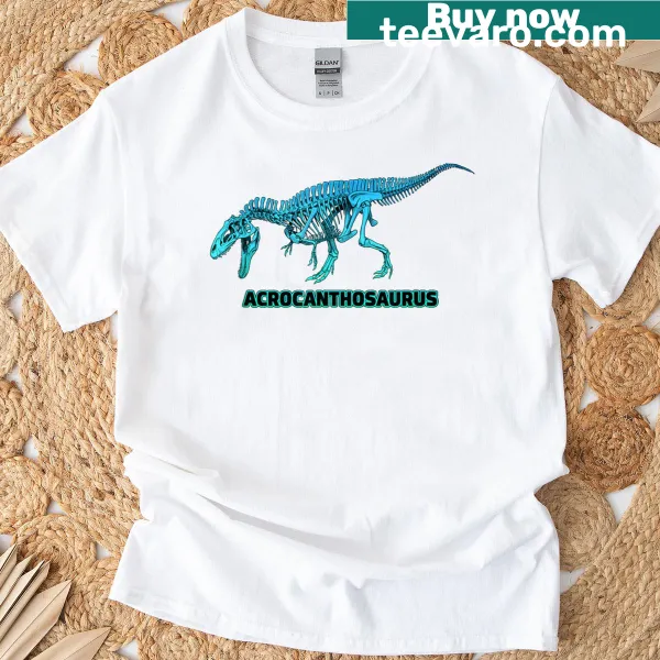 T-shirt featuring an illustration of an Acrocanthosaurus skeleton for kids.