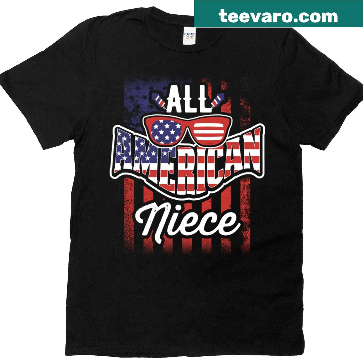 Vintage t-shirt featuring an All American Niece design with the USA flag. — on a men's t-shirt