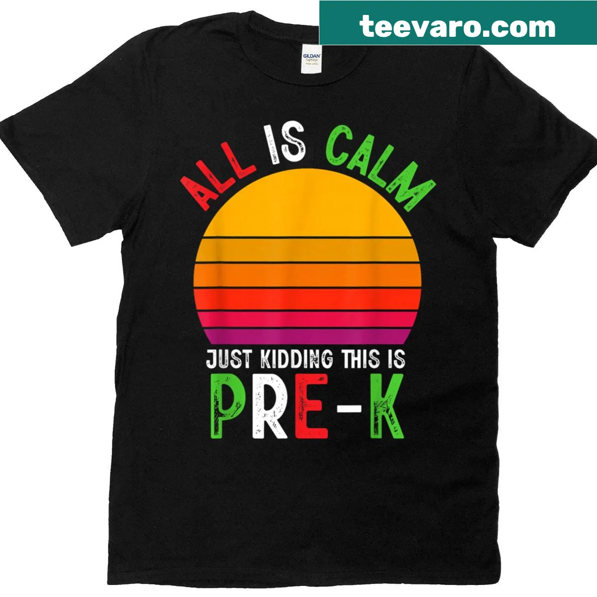 Funny Christmas teacher t-shirt with 'All Is Calm Just Kidding' text. — on a men's t-shirt