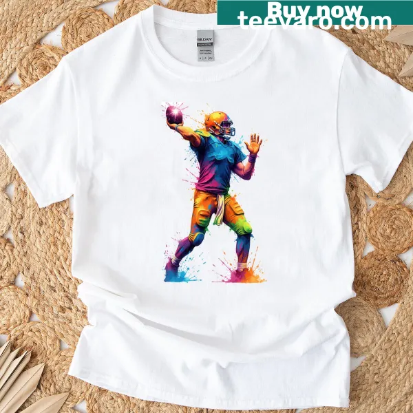 Dynamic splatter art T-shirt featuring quarterback throwing