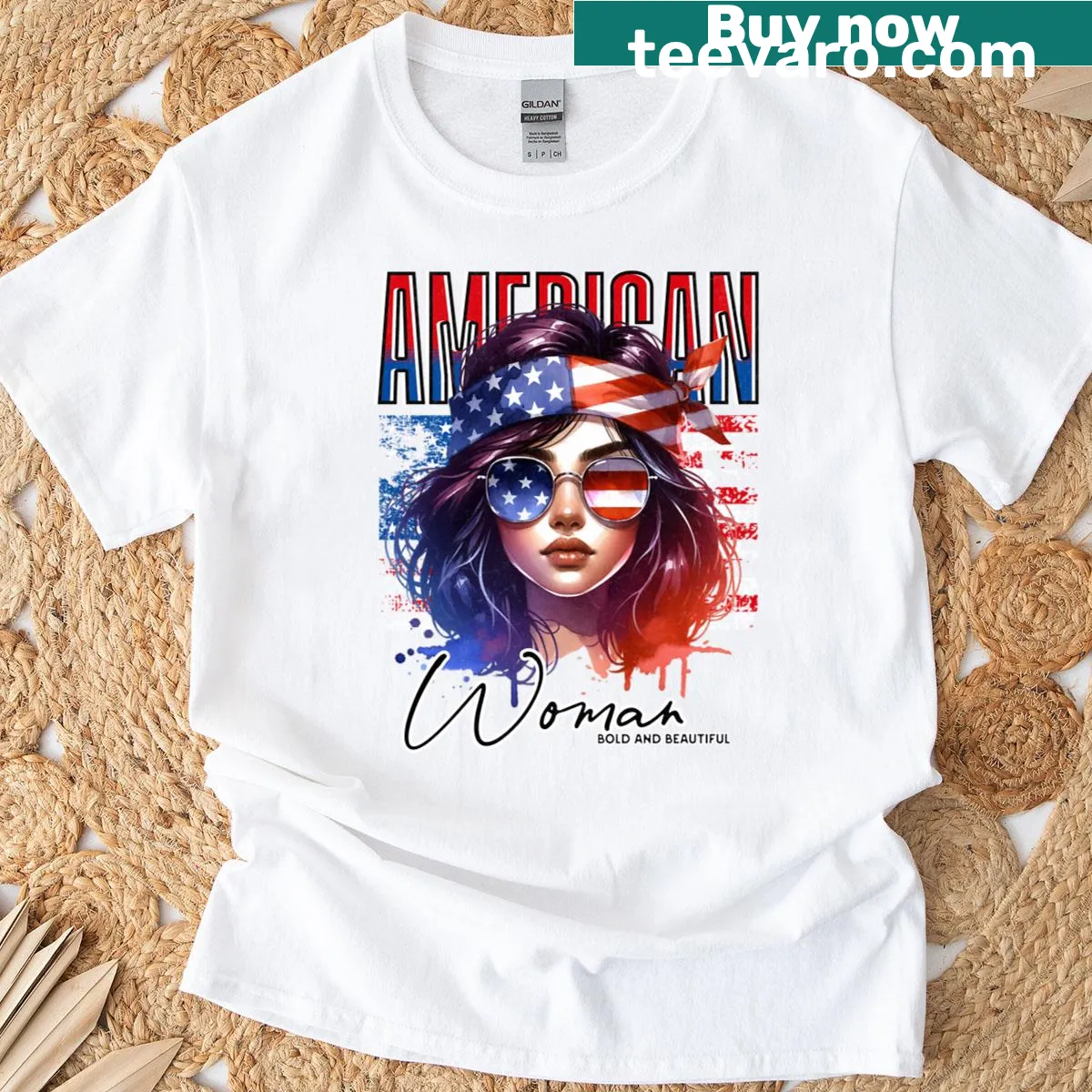 American Woman T-shirt with bold text — on a men's t-shirt