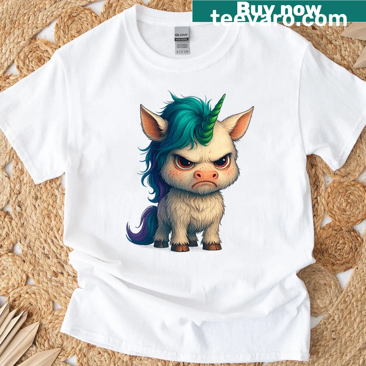 Kawaii angry unicorn in chibi style graphic on T-shirt — on a men's t-shirt