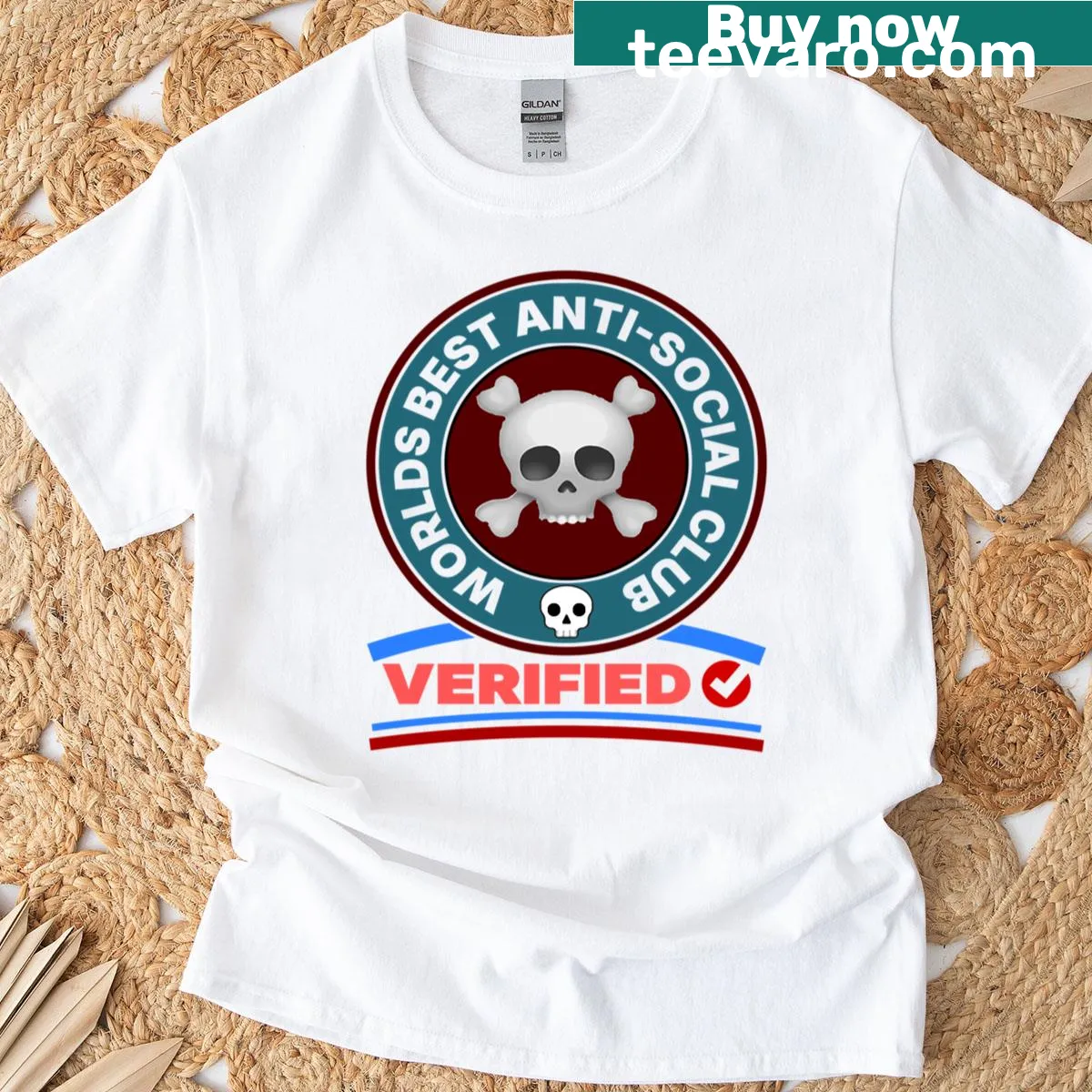 T-shirt with an edgy skull badge design stating 'Anti Social.' — on a men's t-shirt