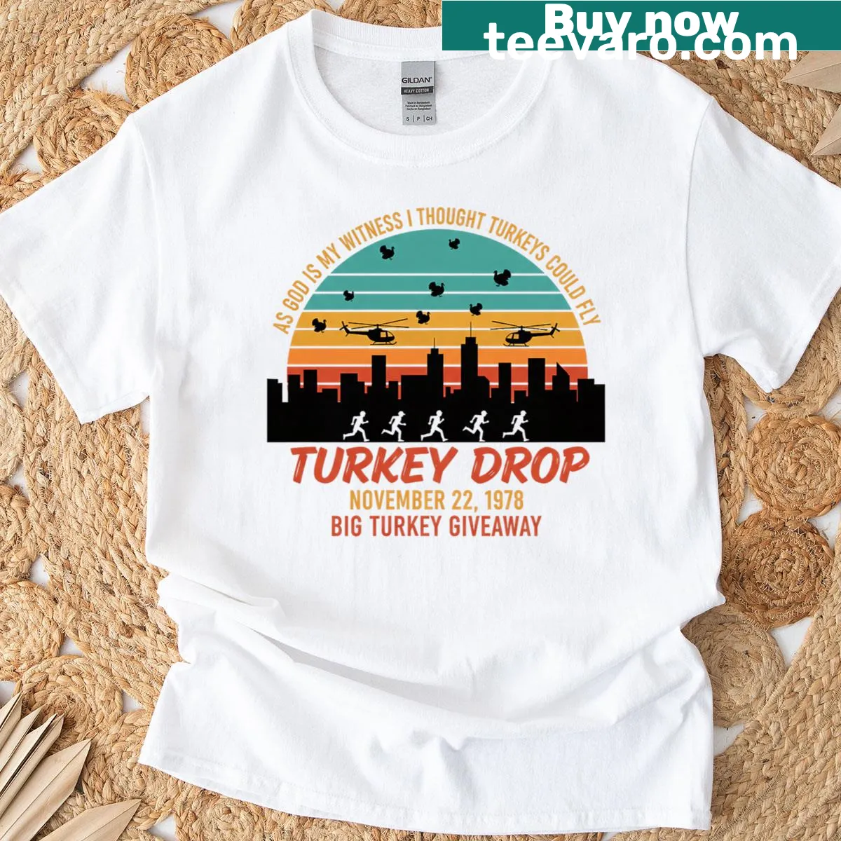 Retro Thanksgiving T-shirt with turkey graphic and nostalgic text — on a men's t-shirt