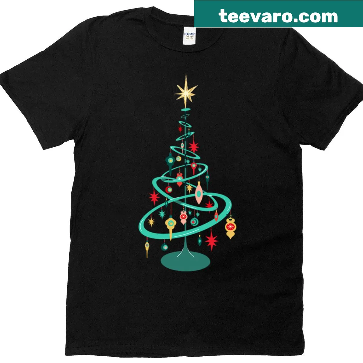 Retro Christmas tree with star topper and ornaments graphic — on a men's t-shirt