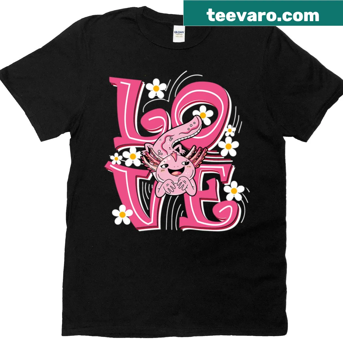 Kawaii axolotl illustration graphic — on a men's t-shirt