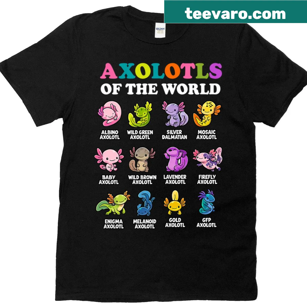 Kawaii axolotl t-shirt featuring cute cartoon axolotls — on a men's t-shirt