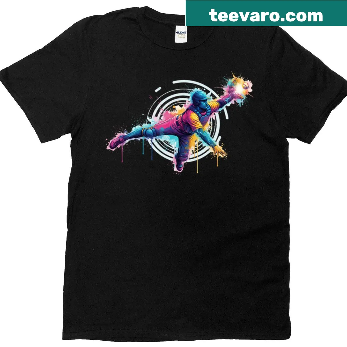 Baseball catcher diving in splatter art design T-shirt — on a men's t-shirt