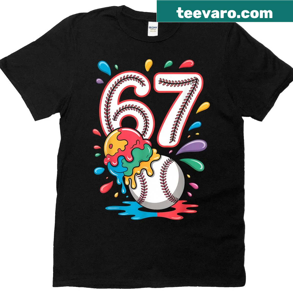 Baseball-themed T-shirt featuring the number 67 — on a men's t-shirt