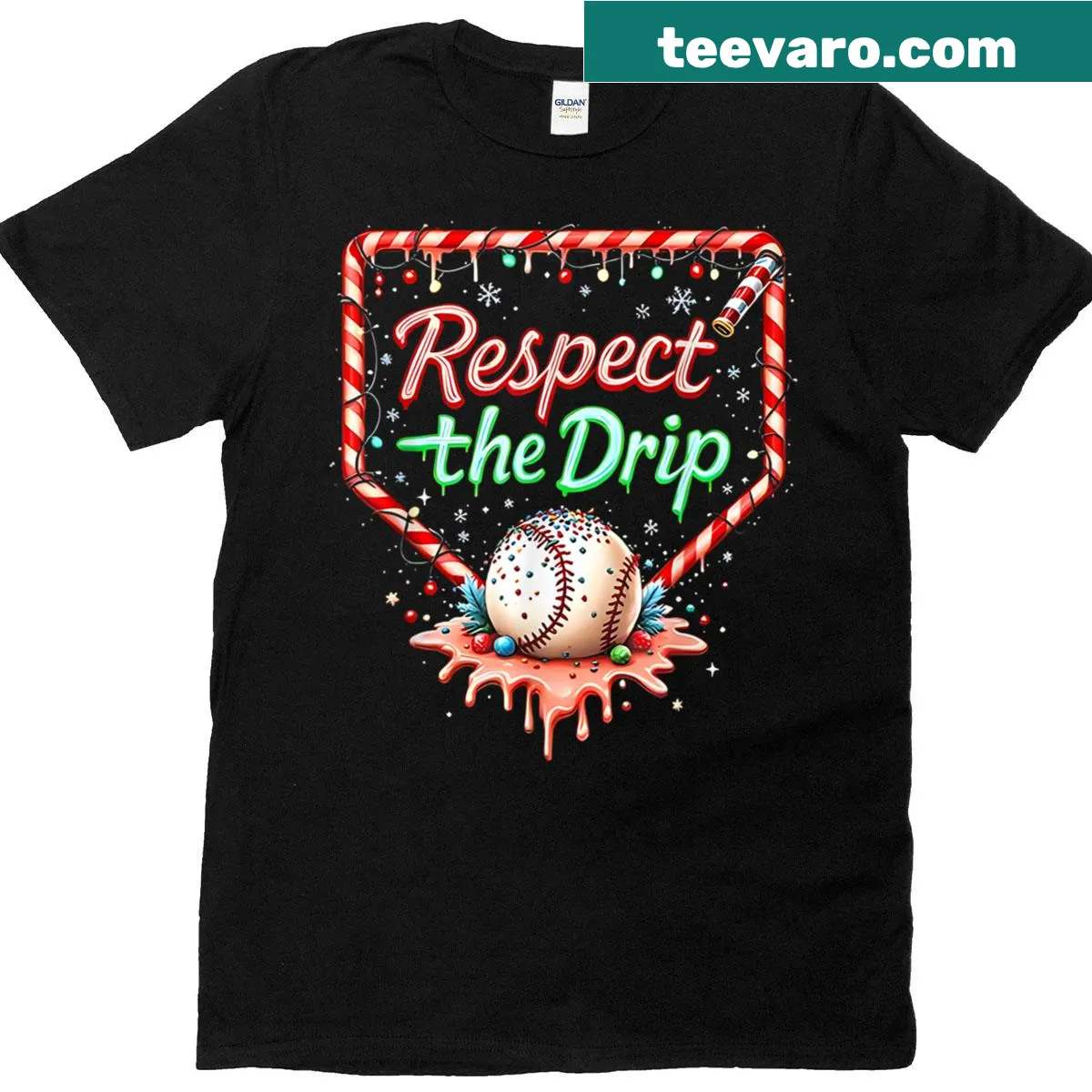 Christmas T-shirt with baseball and ice cream cone design — on a men's t-shirt