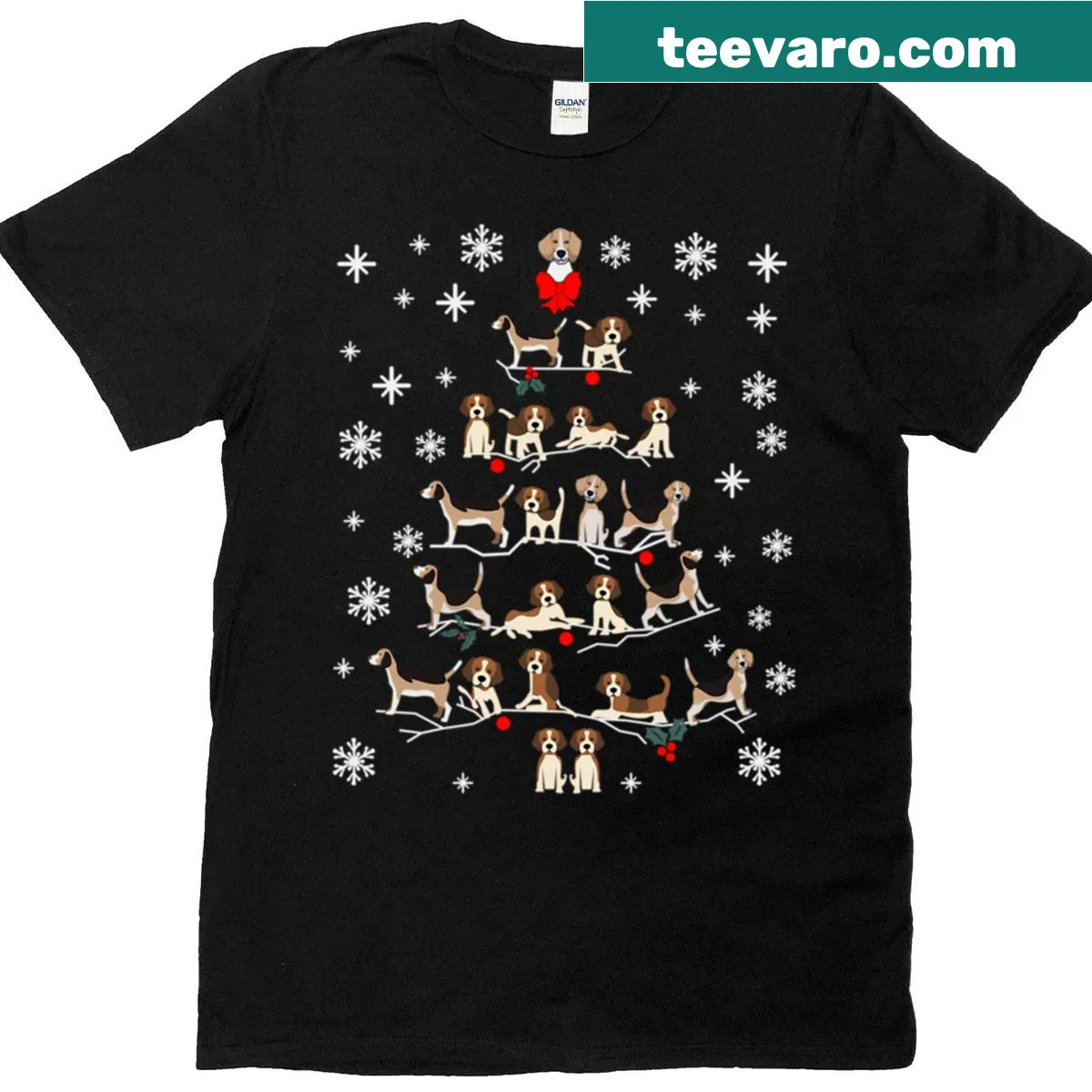 Cartoon beagle with a Christmas tree; cute and festive design for dog lovers. — on a men's t-shirt