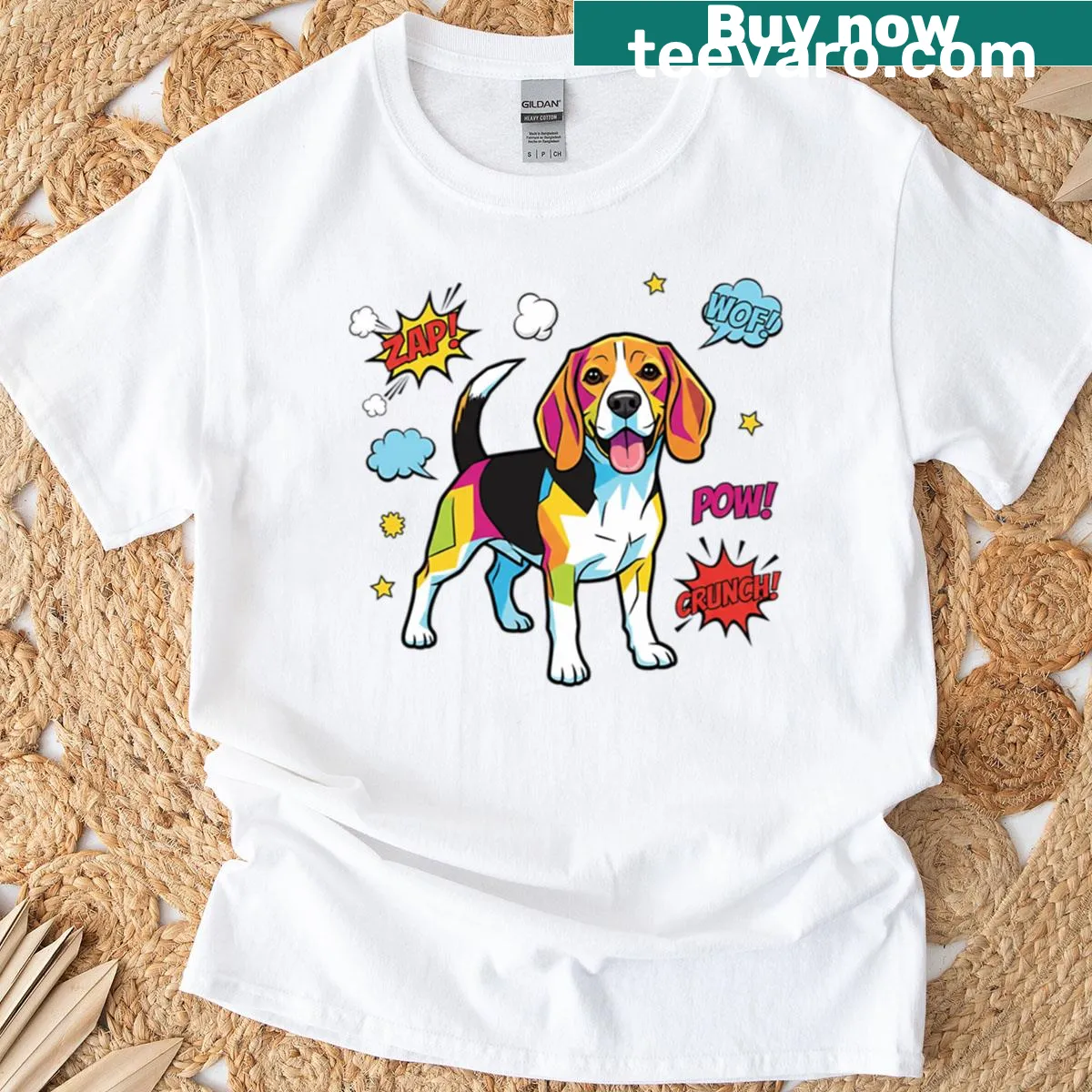 Pop art beagle graphic with Woof Crunch text — on a men's t-shirt