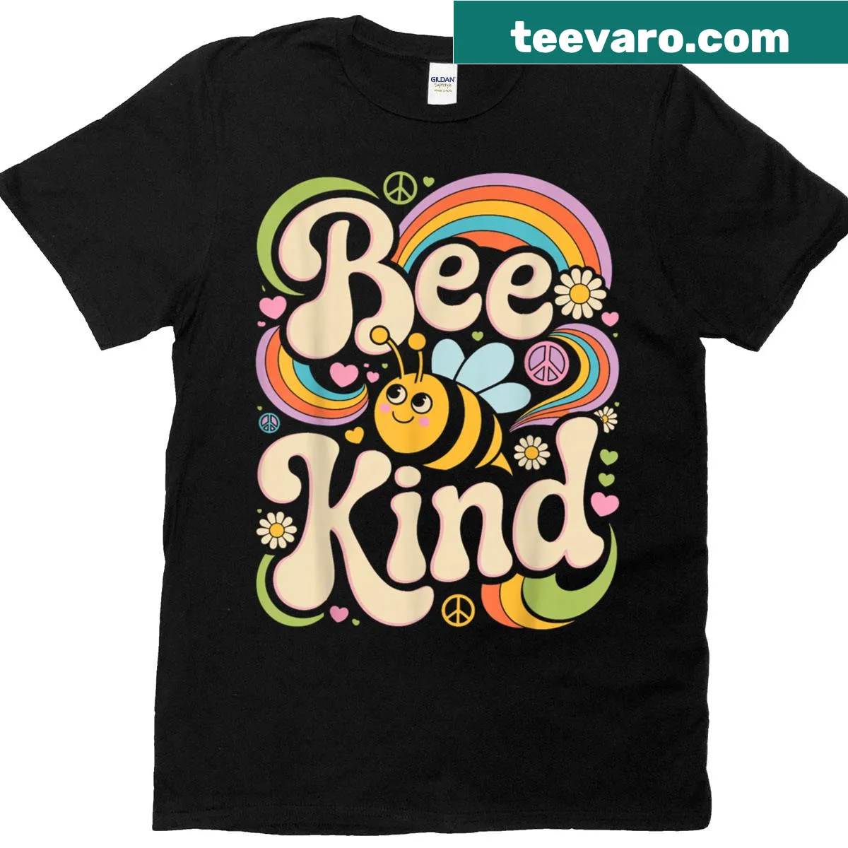 T-shirt featuring friendly bees and the phrase 'Bee Kind' — on a men's t-shirt