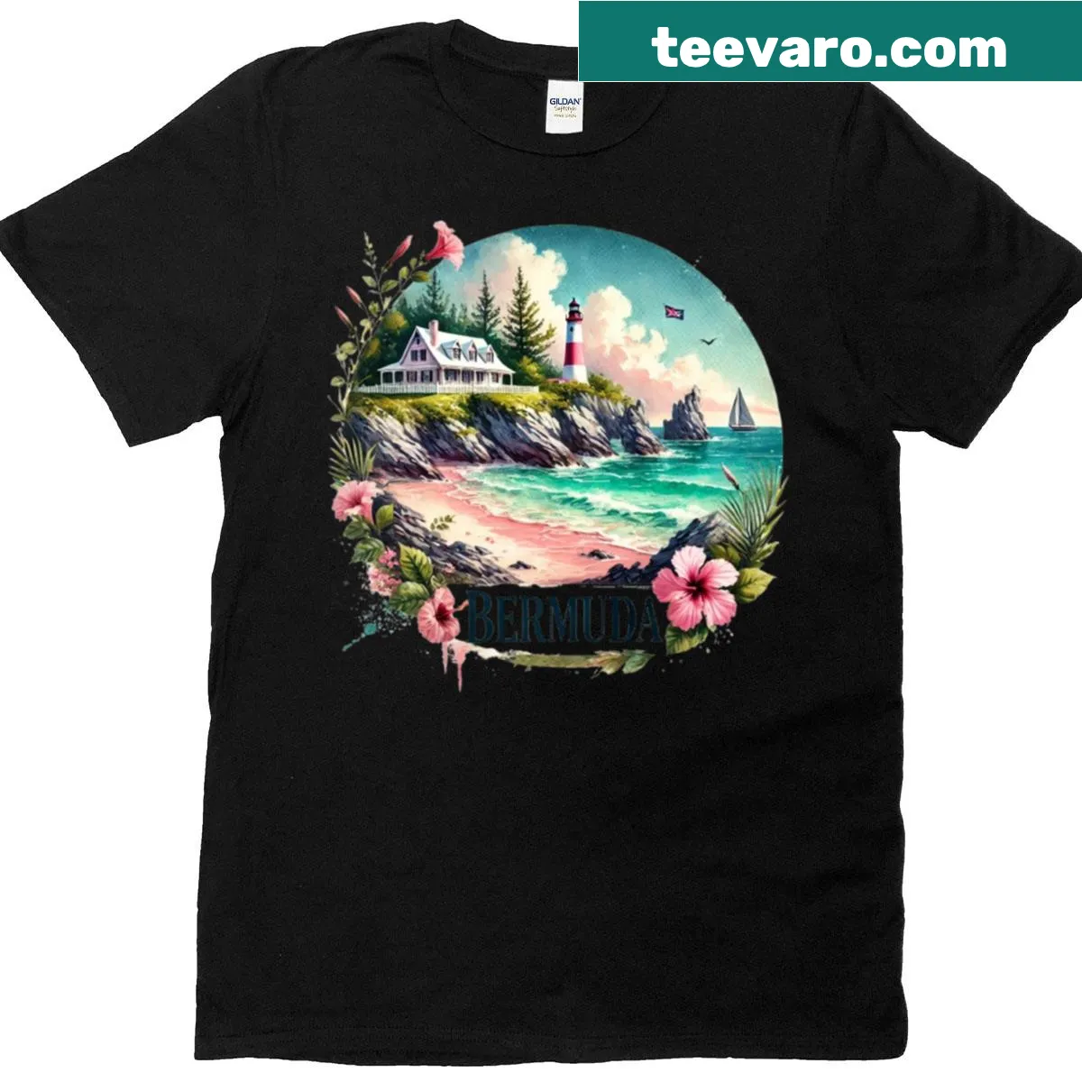 Illustrative graphic of Bermuda's pink sandy beach; relaxing and beach-themed. — on a men's t-shirt