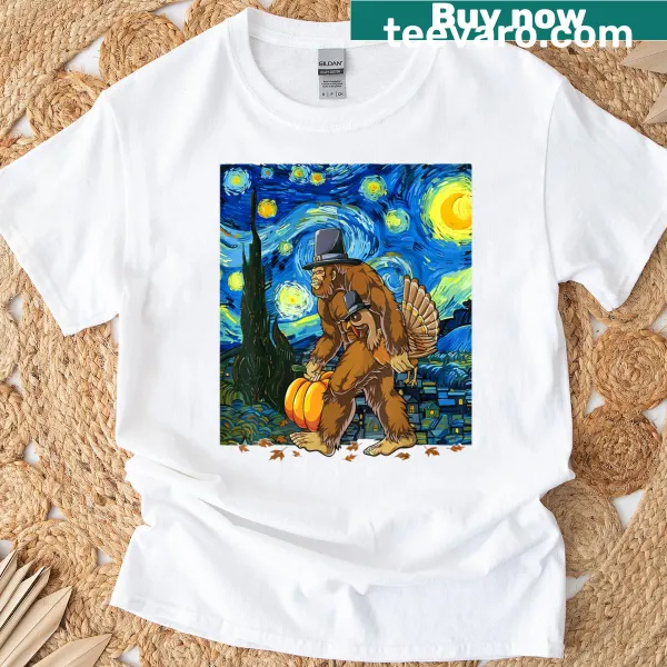 Bigfoot and pilgrim turkey illustration on a Thanksgiving T-shirt