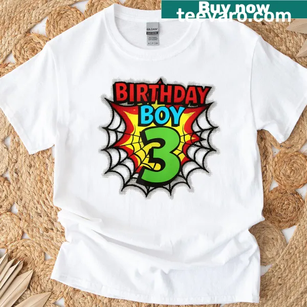 Illustrated t-shirt for a three-year-old with a spider web and 'Birthday Boy' text.