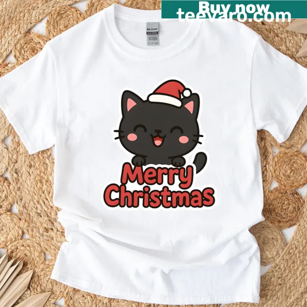 Christmas t-shirt featuring a black cat in a Santa hat