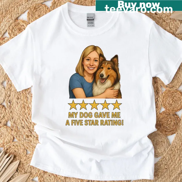T-shirt featuring a blonde woman with her collie