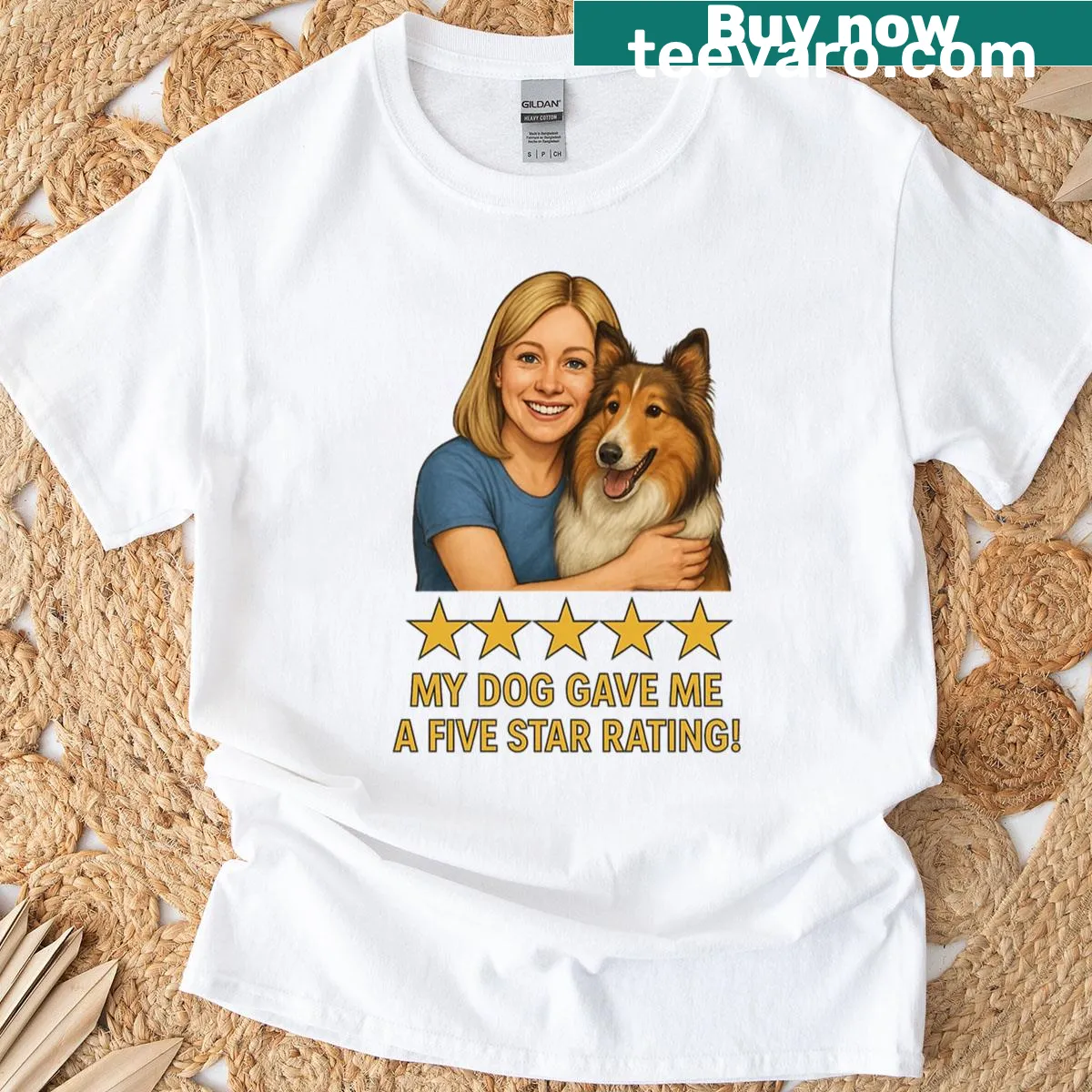 T-shirt featuring a blonde woman with her collie — on a men's t-shirt
