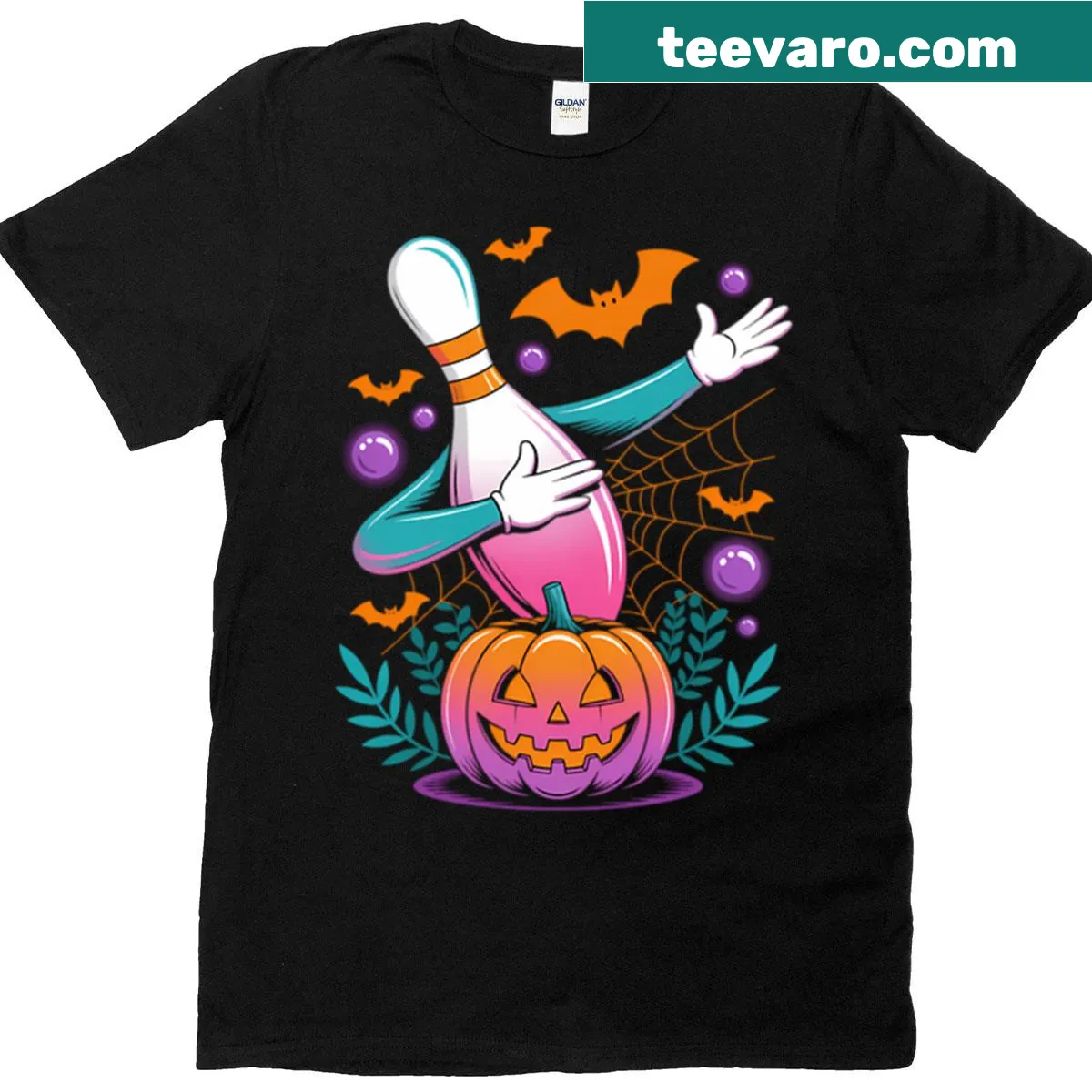 Halloween t-shirt with a bowling pin pumpkin design and fun text — on a men's t-shirt
