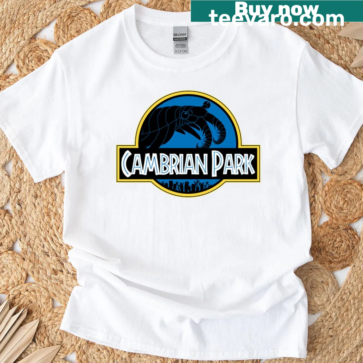Playful Anomalocaris illustration with movie parody design T-shirt — on a men's t-shirt