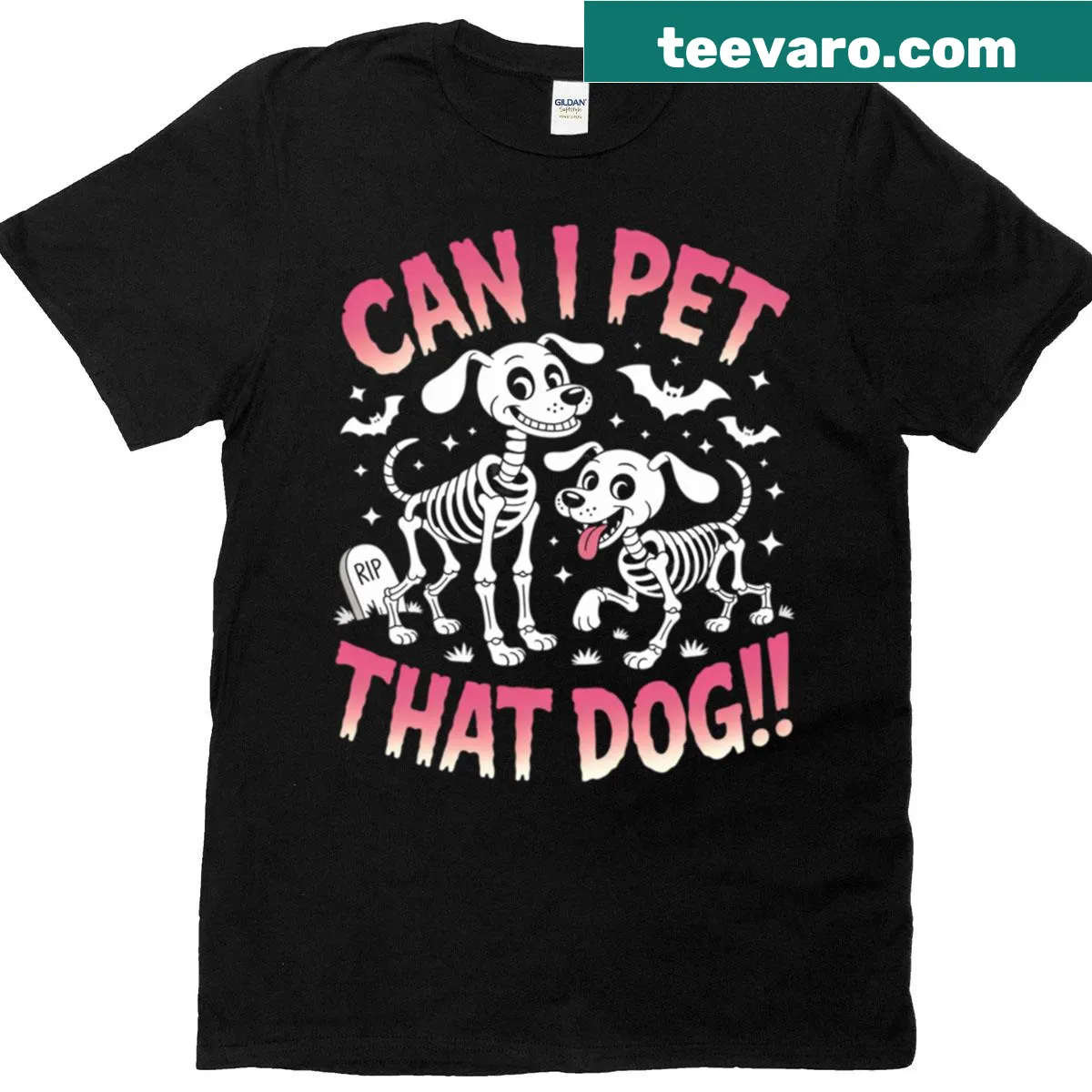 Cartoon skeleton dog graphic with the text 'Can I Pet That Dog' for Halloween — on a men's t-shirt