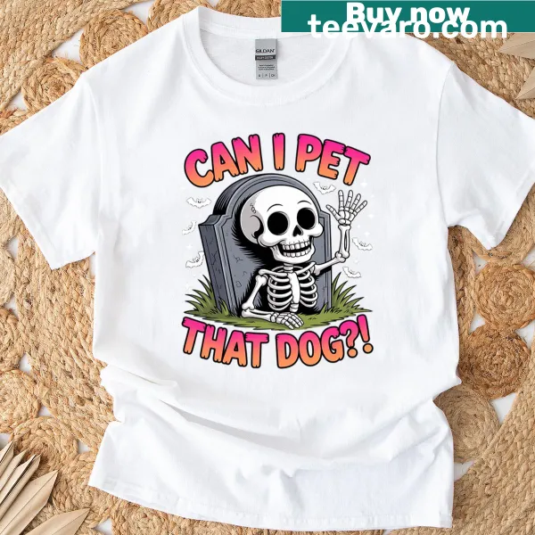 Funny Halloween t-shirt with skeleton and dog graphic