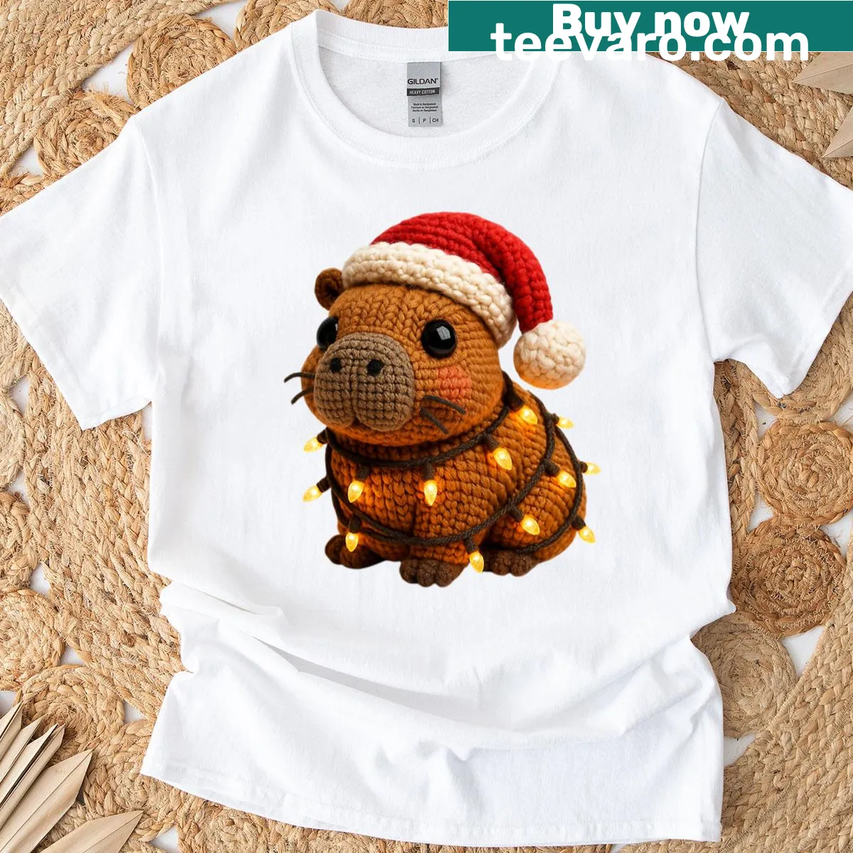 Capybara wrapped in Christmas lights illustration on a t-shirt — on a men's t-shirt