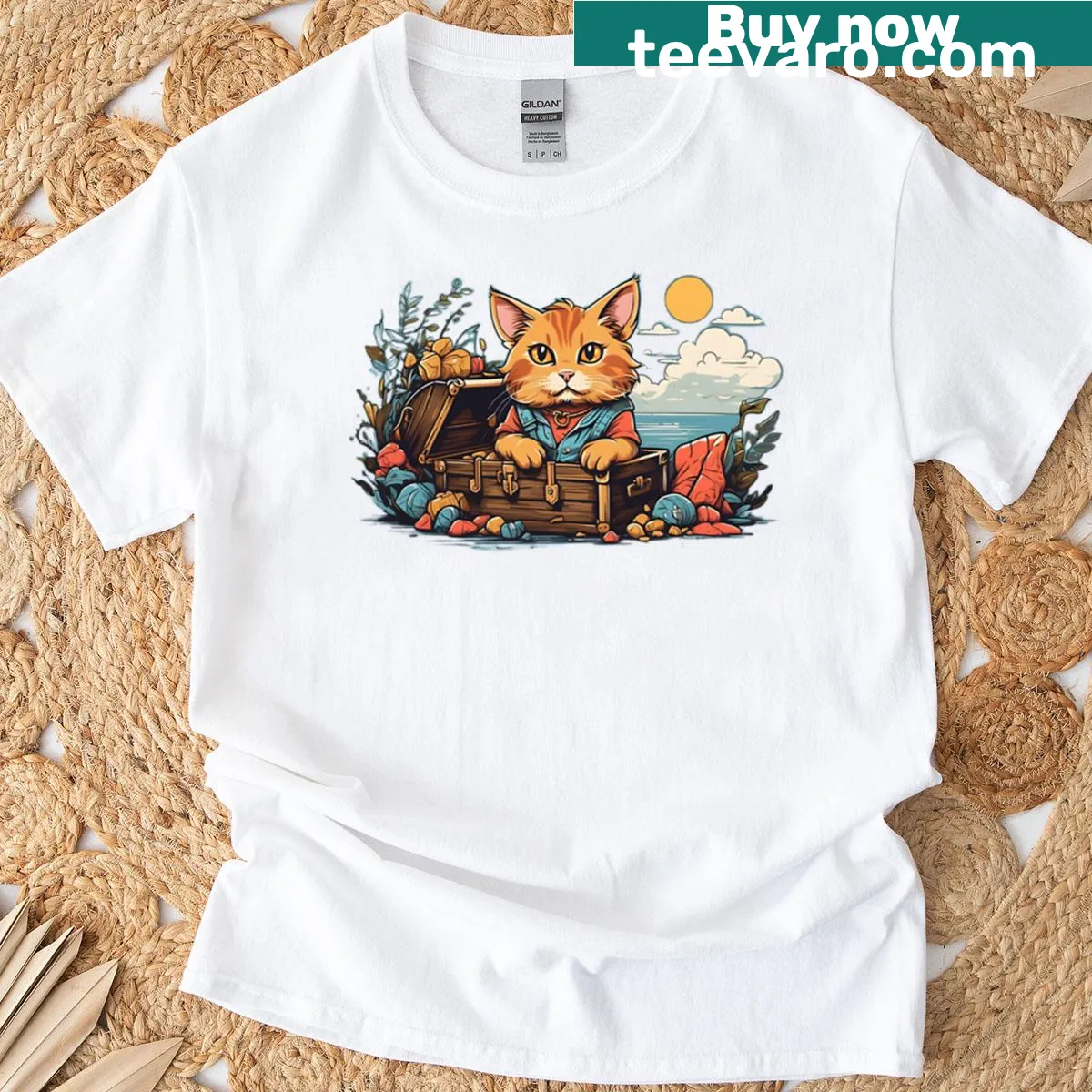 Cute cat with treasure chest graphic — on a men's t-shirt