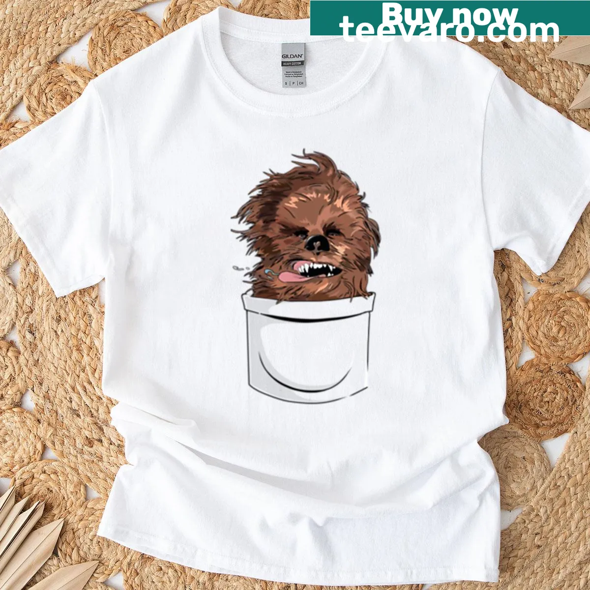 Illustration of a pocket-sized Chewbacca with humorous text — on a men's t-shirt