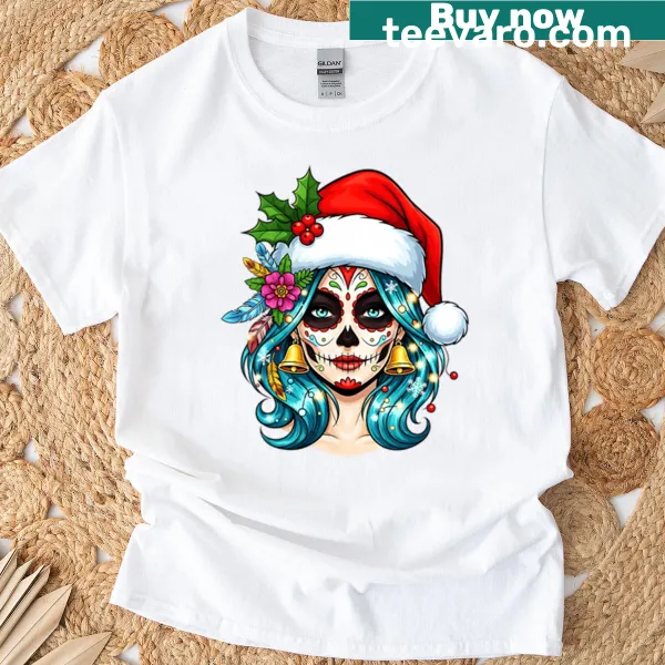 Sugar skull art with Santa hat on a t-shirt