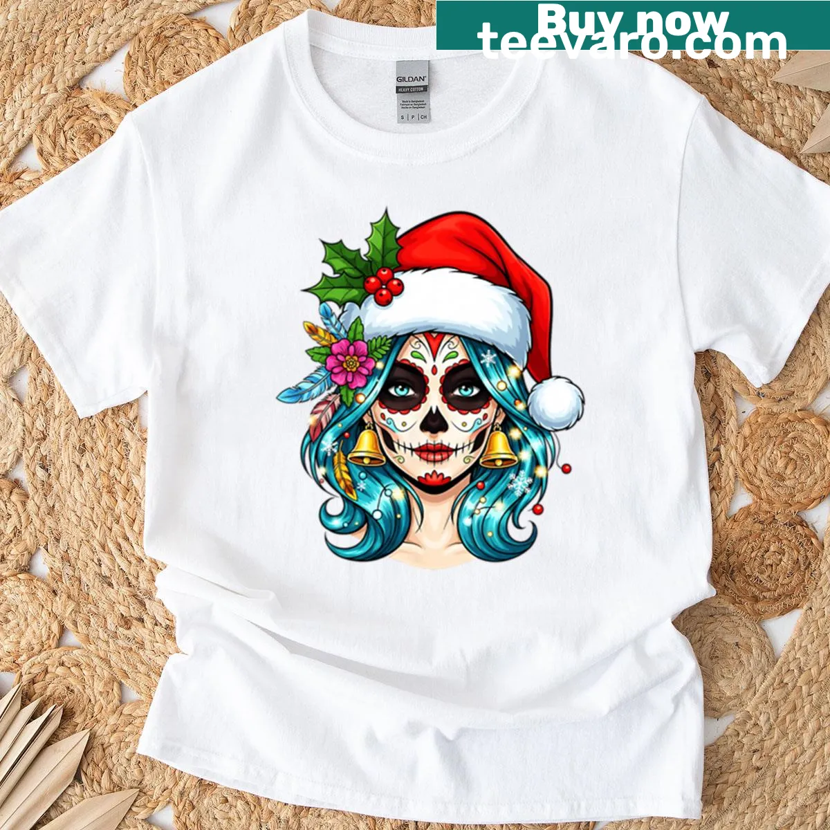 Sugar skull art with Santa hat on a t-shirt — on a men's t-shirt