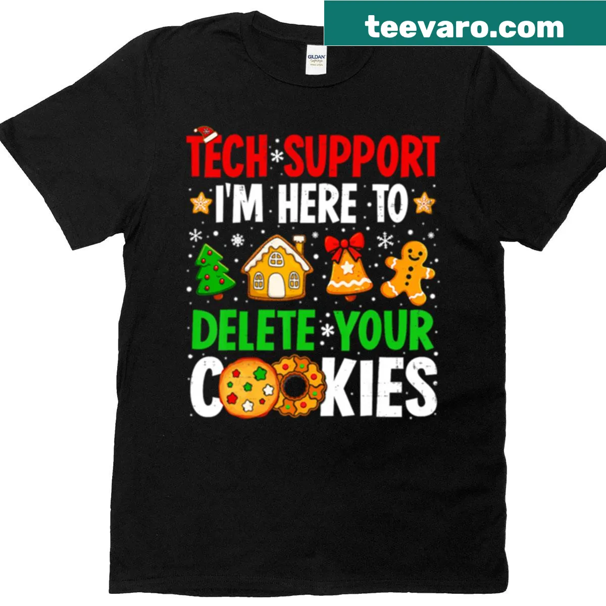 Funny Christmas Tech Support t-shirt with humor about deleting cookies — on a men's t-shirt