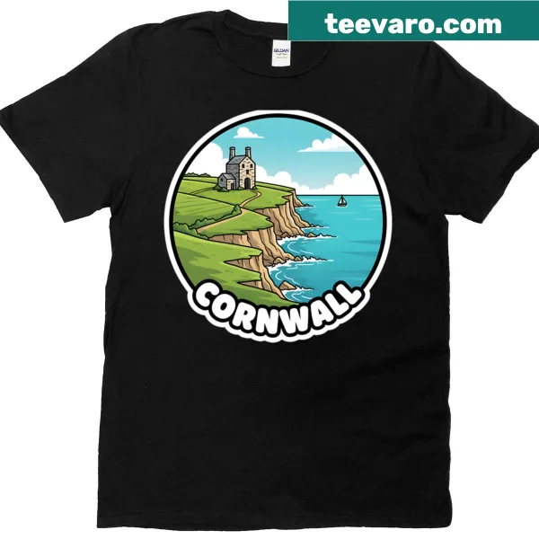 Seaside cottage illustration on a Cornwall-themed T-shirt
