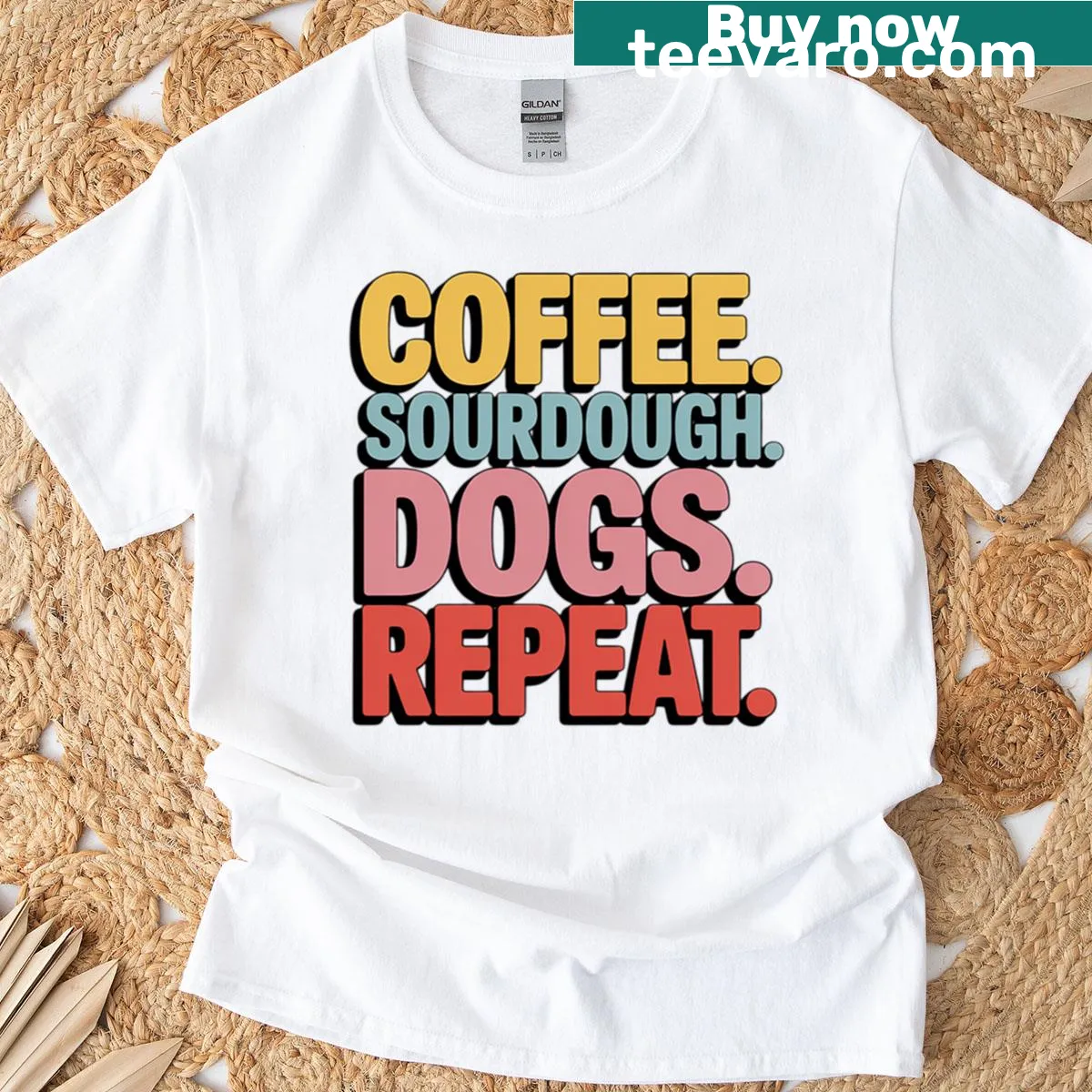 Coffee, dogs, and sourdough bread text design on a t-shirt — on a men's t-shirt
