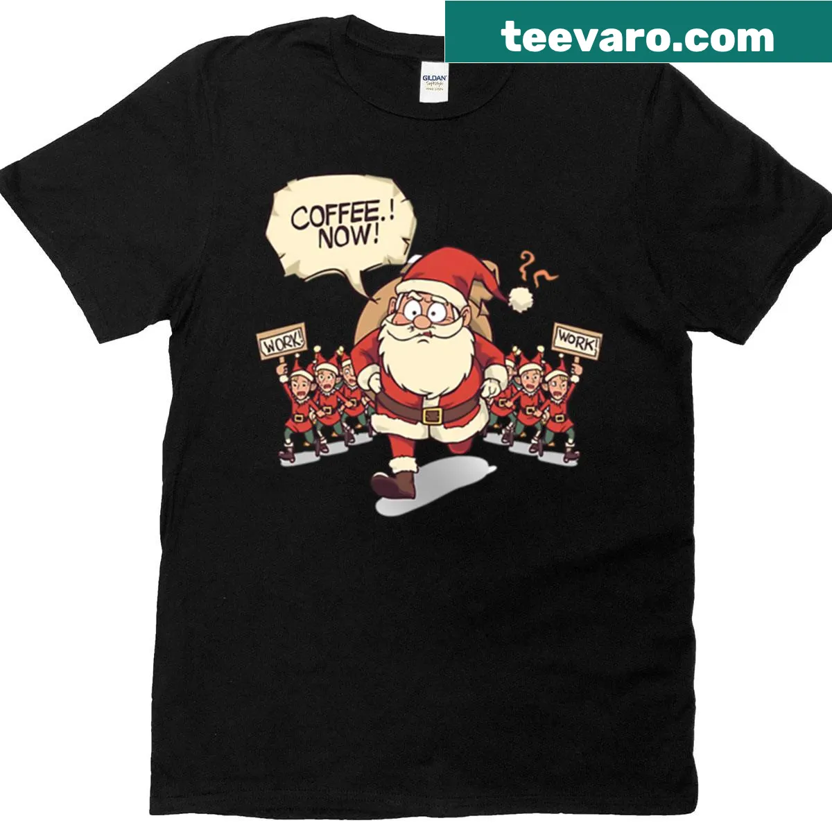 Funny Santa-themed T-shirt with coffee humor — on a men's t-shirt