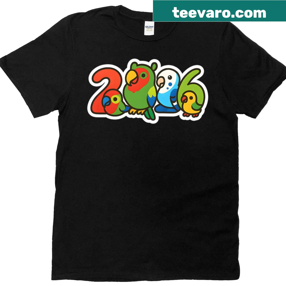 Playful New Year 2026 T-shirt with colorful birds design — on a men's t-shirt
