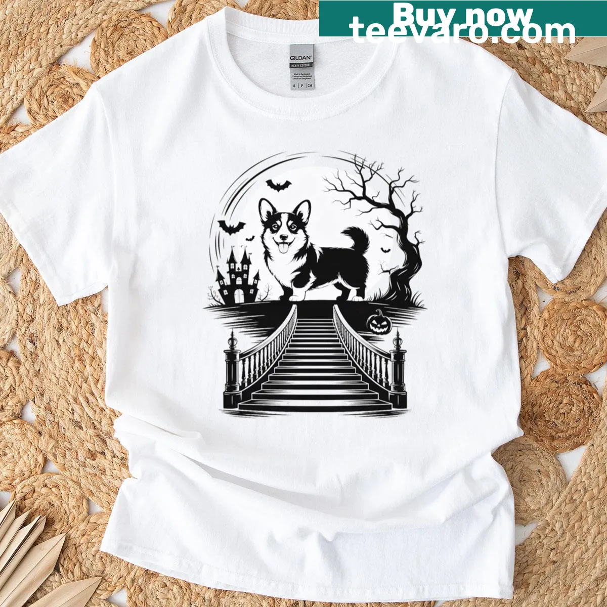Corgi and moon Halloween graphic — on a men's t-shirt