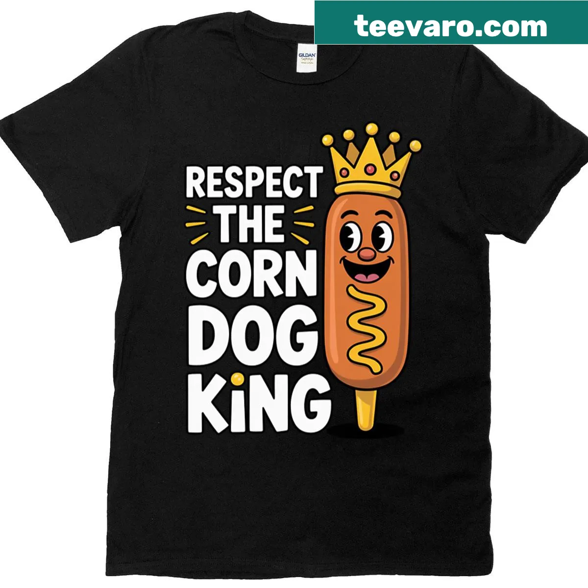 Lighthearted graphic T-shirt featuring 'Corn Dog King' design — on a men's t-shirt