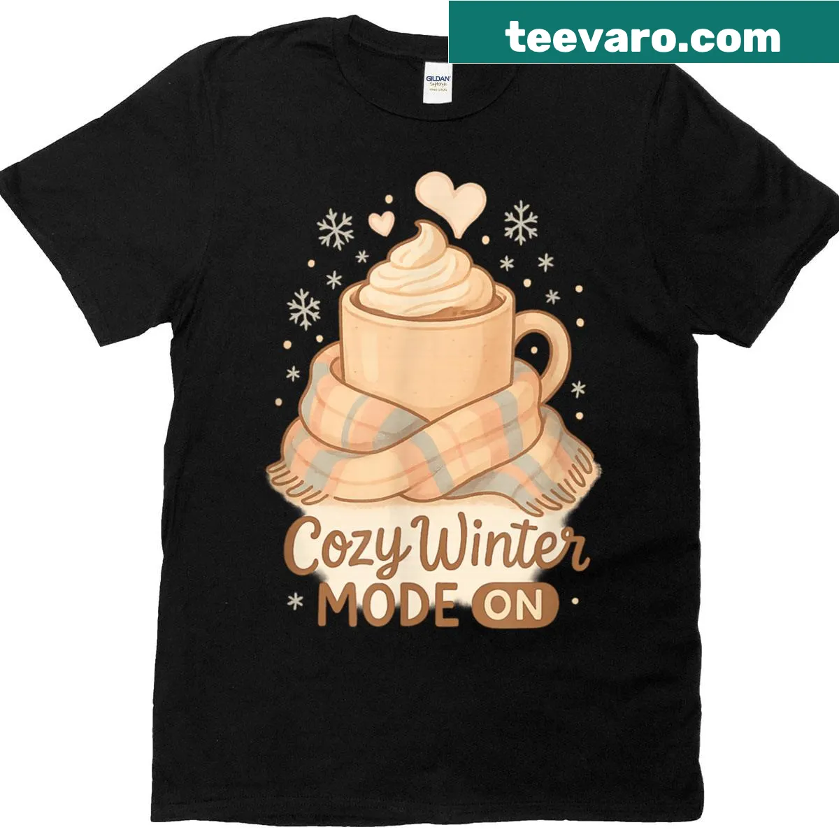 Cute hot cocoa graphic with snowflakes on winter-themed t-shirt — on a men's t-shirt