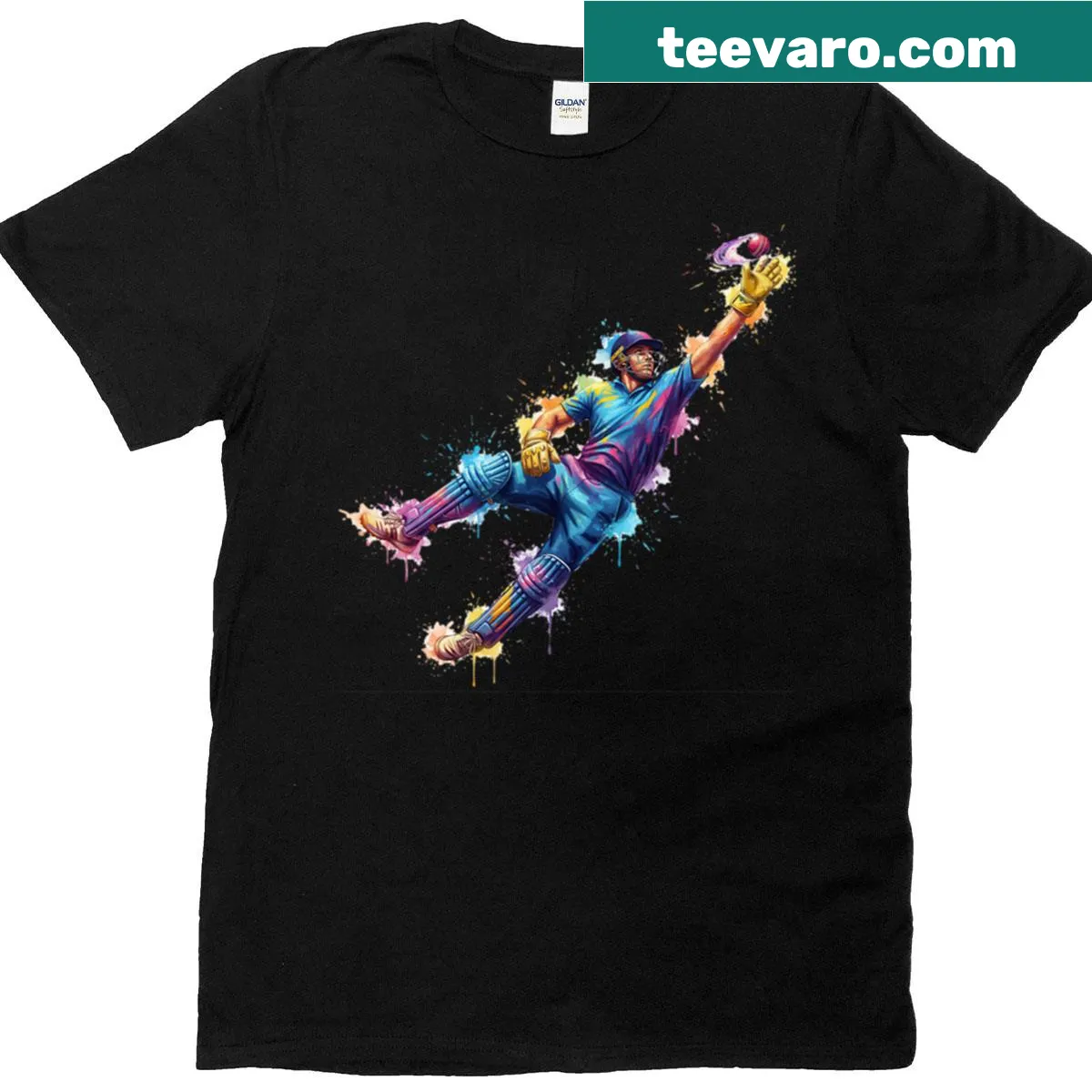 Silhouette cricket player catching ball t-shirt with splatter art — on a men's t-shirt