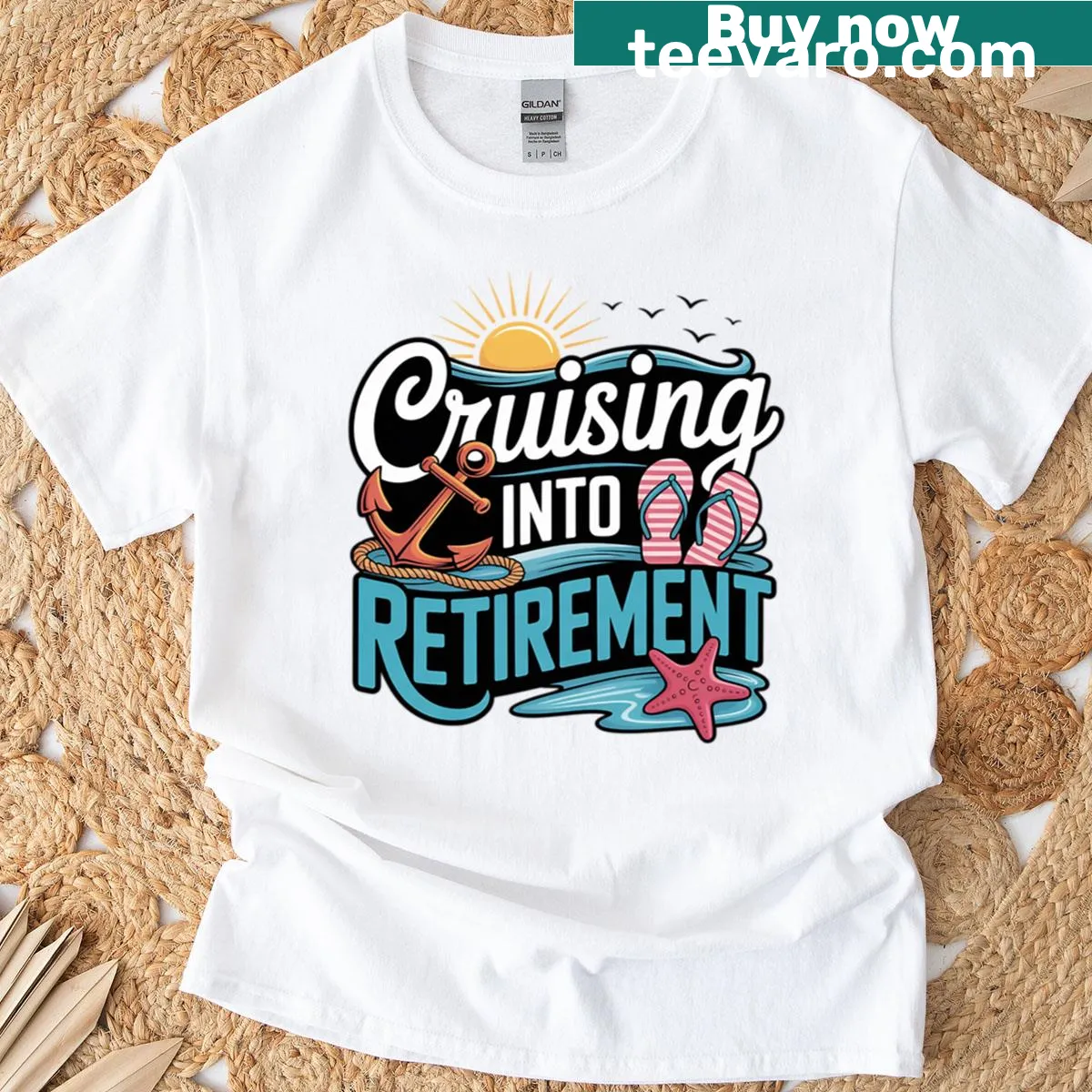 Illustration of a cruise ship on a retirement-themed t-shirt — on a men's t-shirt