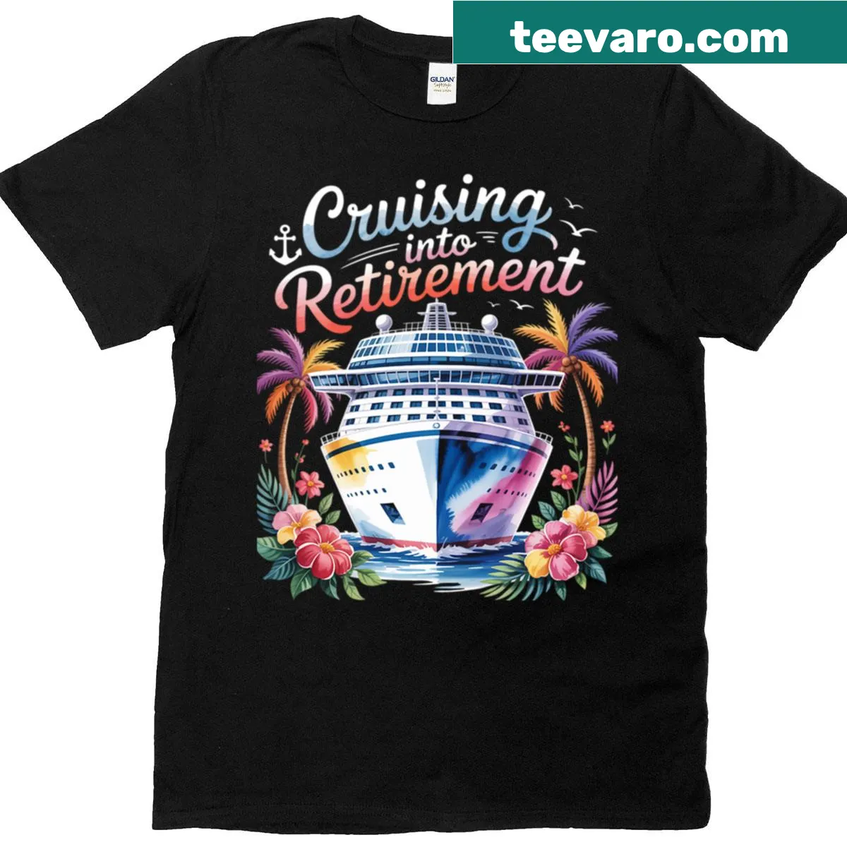 T-shirt celebrating retirement with 'Cruising Into Retirement' text — on a men's t-shirt