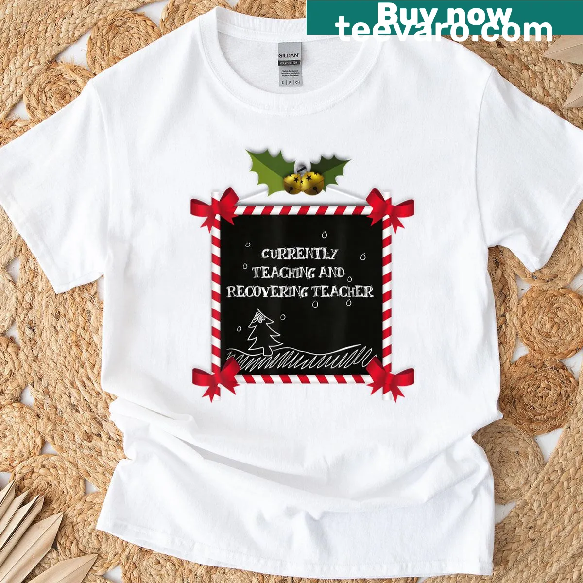 Funny Christmas teacher t-shirt with 'Currently Teaching Recovering' text — on a men's t-shirt