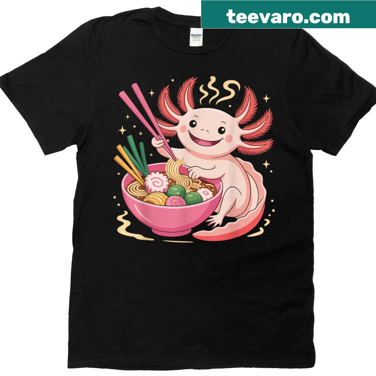 Cute axolotl enjoying ramen graphic on a T-shirt — on a men's t-shirt
